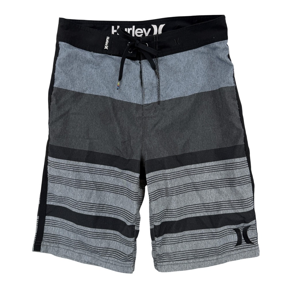 Hurley Board Shorts Mens 29 Gray Striped Surf Swim Trunks Logo Beach